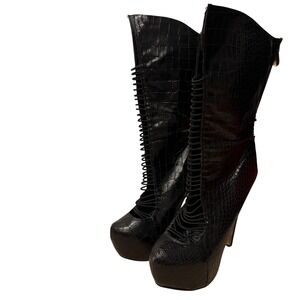 Cape Robbin Platform Boots Womens 8.5 Black Croc Embossed Lace Up Stiletto Edgy